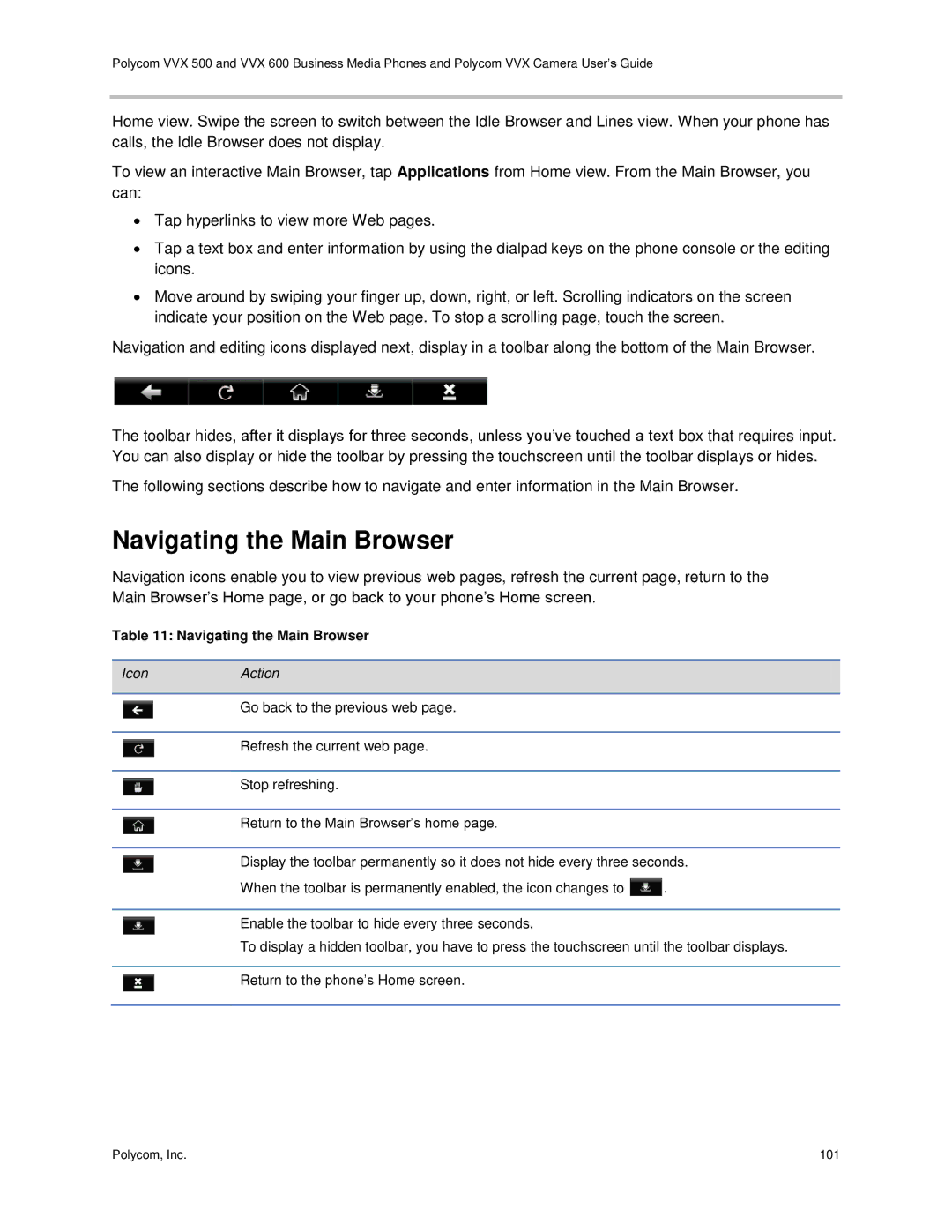 Polycom vvx 500 manual Navigating the Main Browser 