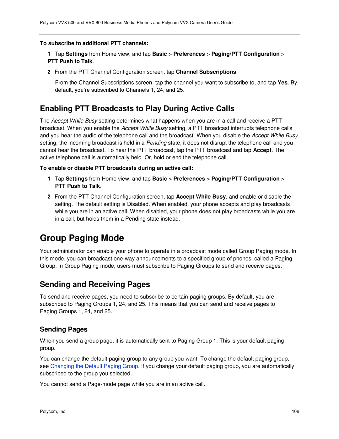 Polycom vvx 500 manual Group Paging Mode, Enabling PTT Broadcasts to Play During Active Calls, Sending and Receiving Pages 