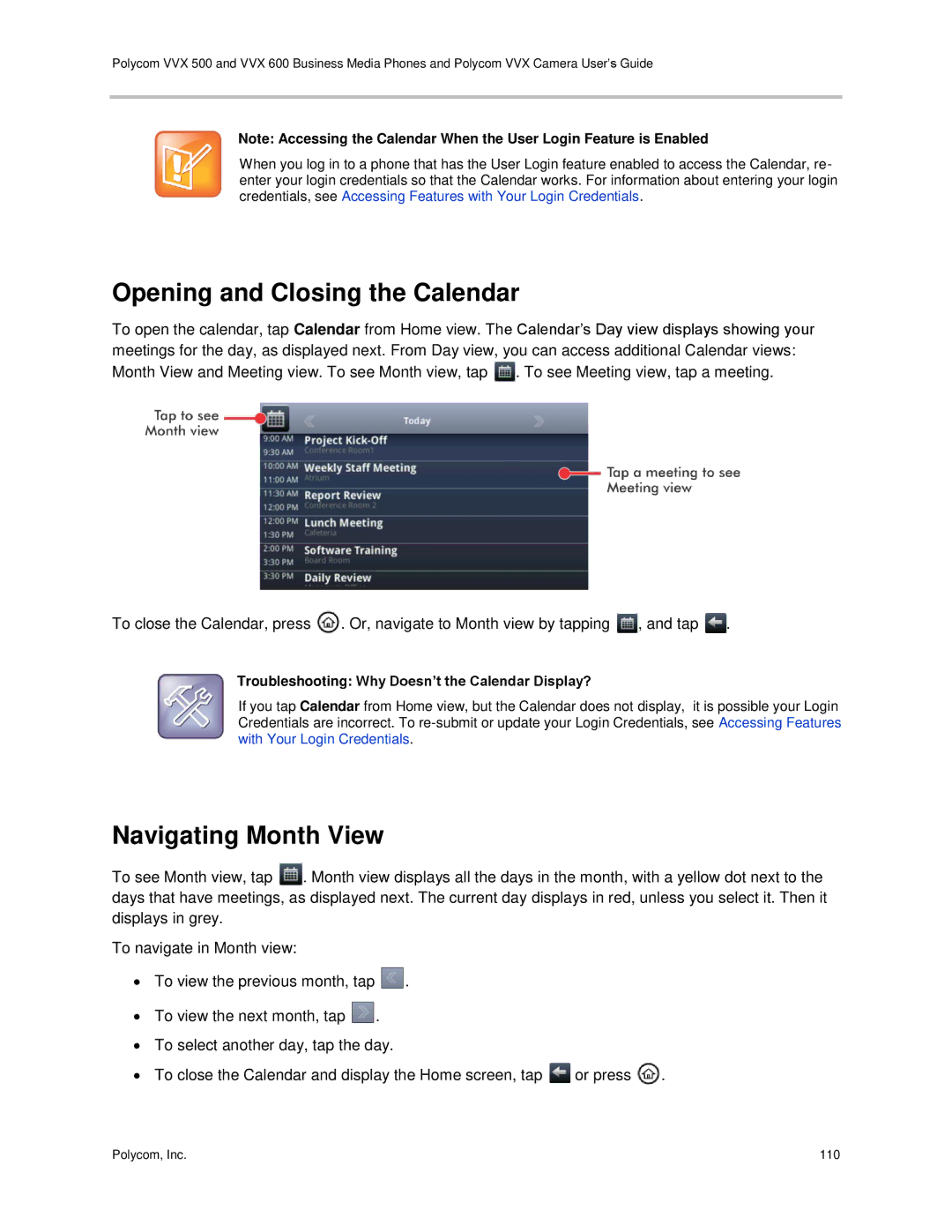 Polycom vvx 500 Opening and Closing the Calendar, Navigating Month View, Troubleshooting Why Doesn’t the Calendar Display? 