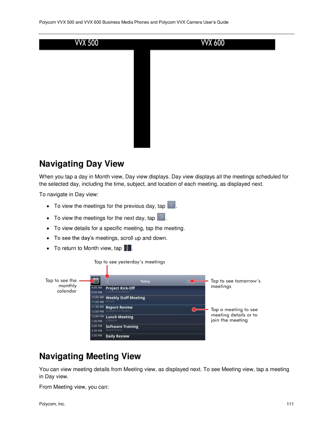 Polycom vvx 500 manual Navigating Day View, Navigating Meeting View 