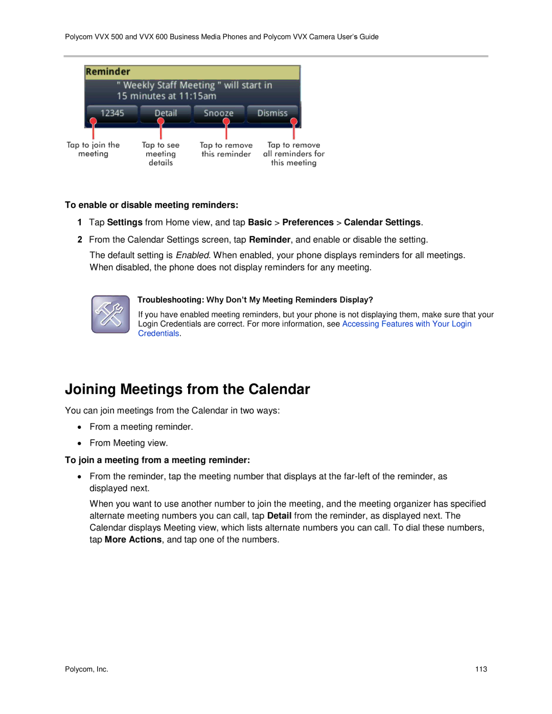 Polycom vvx 500 manual Joining Meetings from the Calendar, To join a meeting from a meeting reminder 