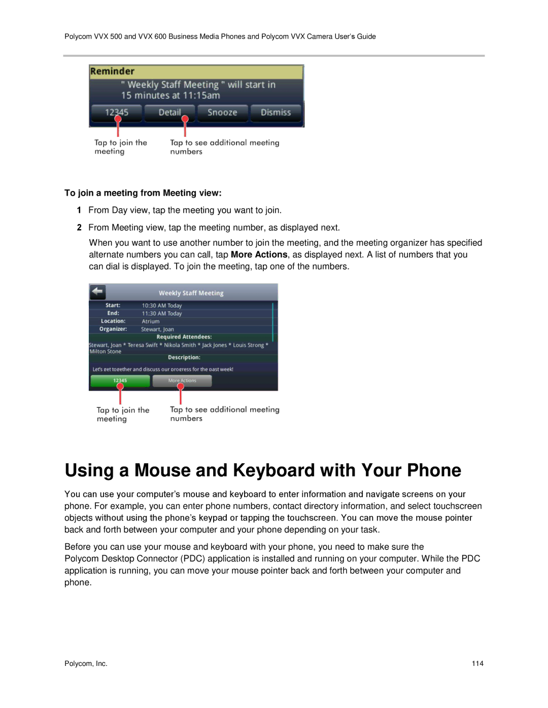 Polycom vvx 500 manual Using a Mouse and Keyboard with Your Phone, To join a meeting from Meeting view 