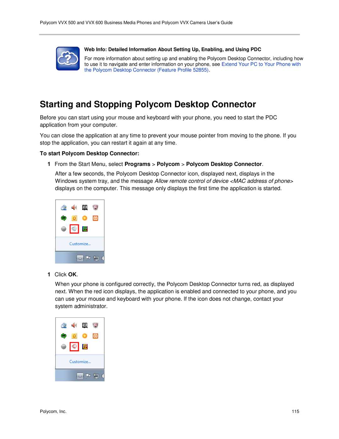 Polycom vvx 500 manual Starting and Stopping Polycom Desktop Connector 