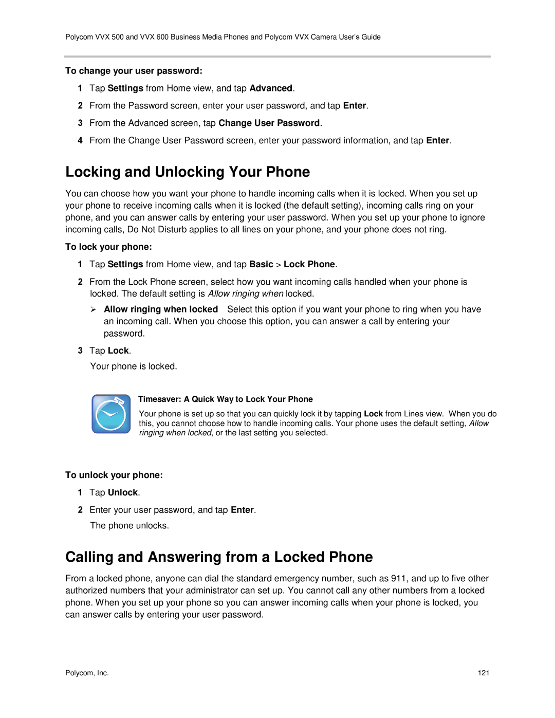 Polycom vvx 500 manual Locking and Unlocking Your Phone, Calling and Answering from a Locked Phone, To lock your phone 