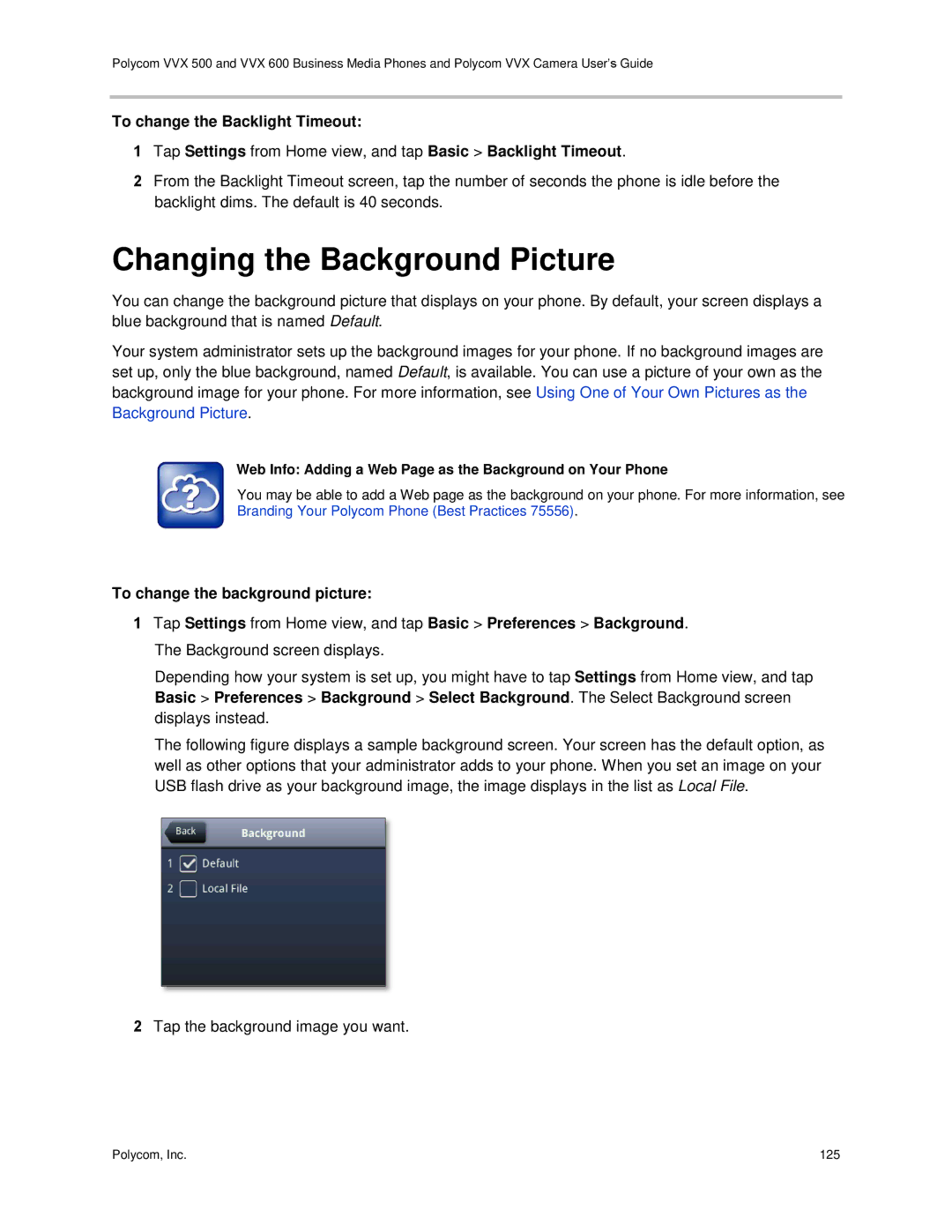 Polycom vvx 500 manual Changing the Background Picture, Web Info Adding a Web Page as the Background on Your Phone 