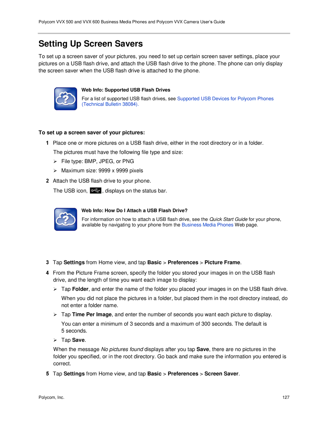 Polycom vvx 500 Setting Up Screen Savers, To set up a screen saver of your pictures, Web Info Supported USB Flash Drives 