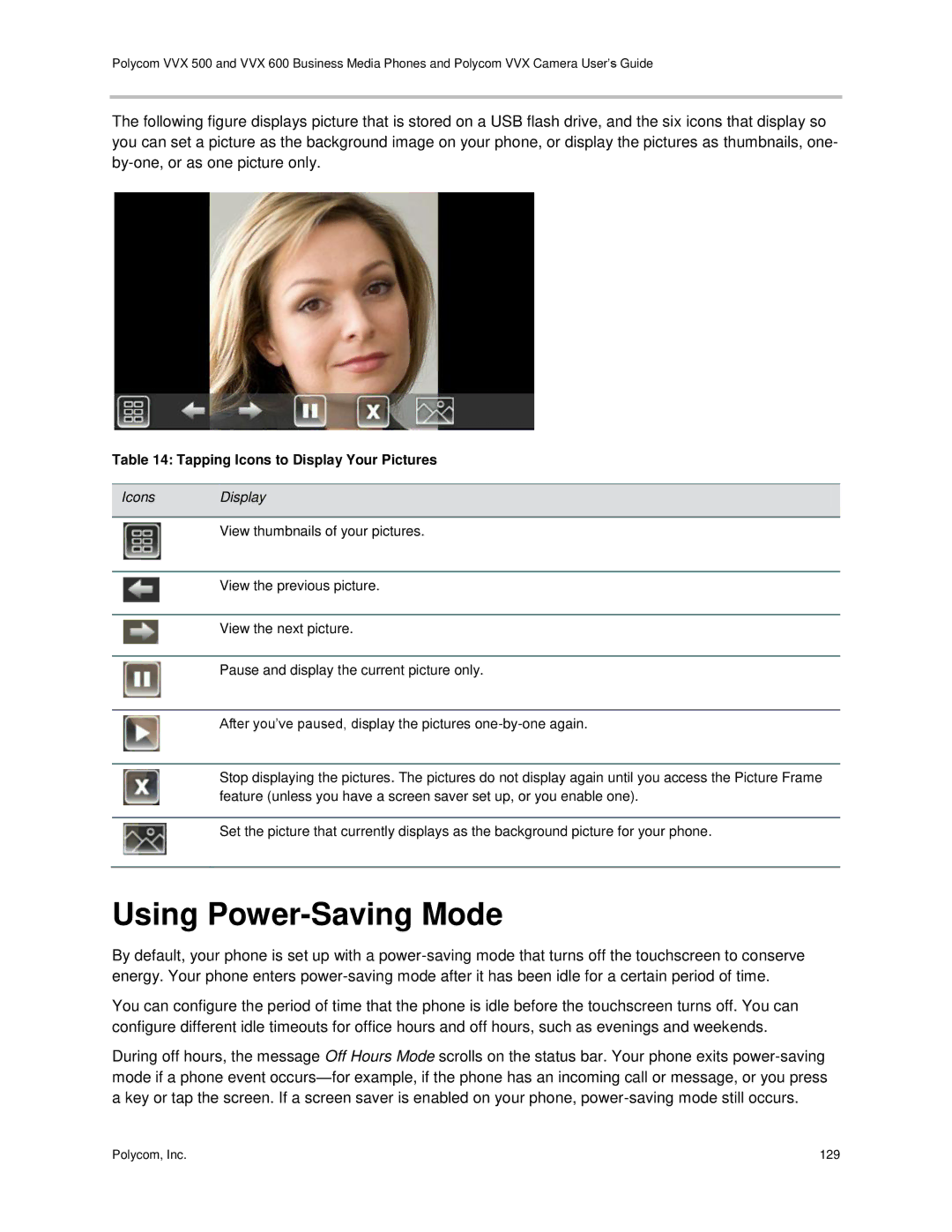 Polycom vvx 500 manual Using Power-Saving Mode, Tapping Icons to Display Your Pictures 