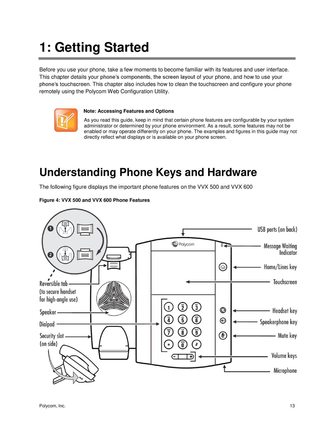 Polycom vvx 500 manual Understanding Phone Keys and Hardware, VVX 500 and VVX 600 Phone Features 