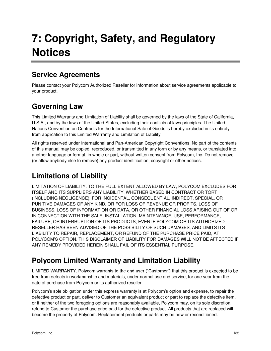 Polycom vvx 500 manual Service Agreements, Governing Law, Limitations of Liability 