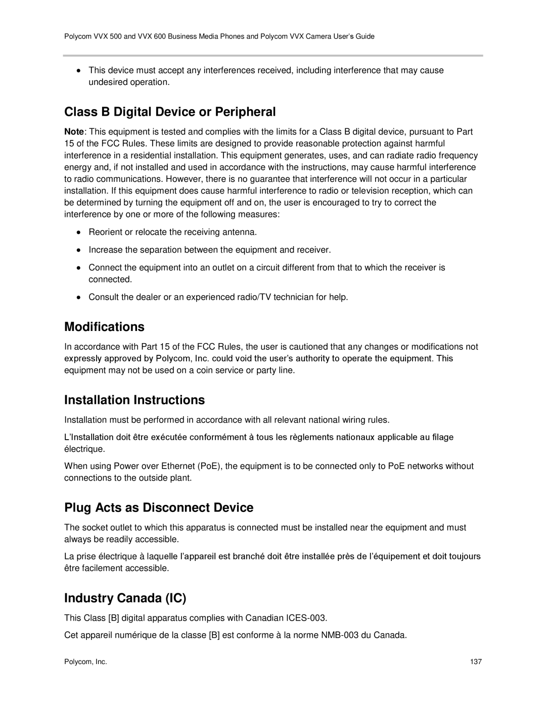 Polycom vvx 500 manual Class B Digital Device or Peripheral, Modifications, Installation Instructions, Industry Canada IC 