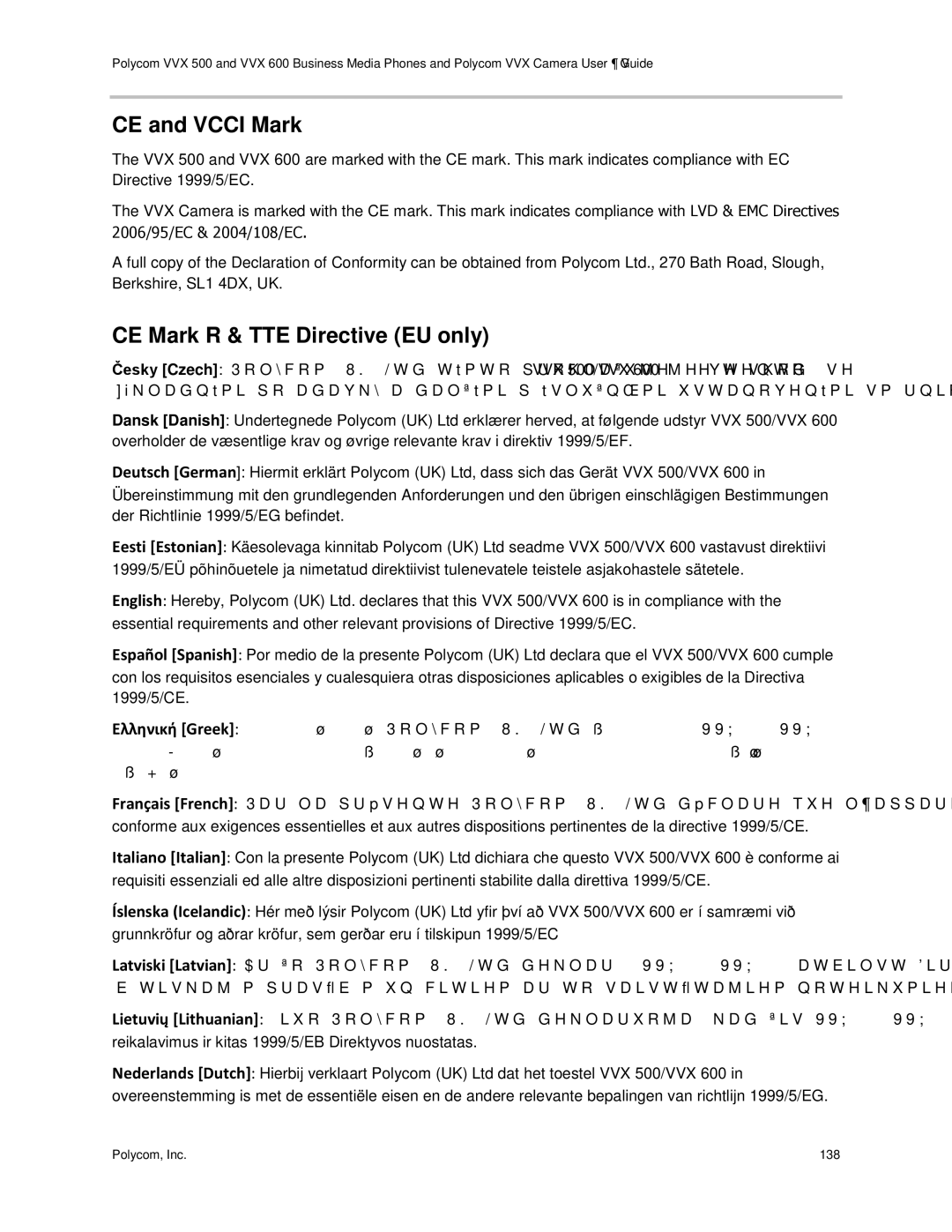 Polycom vvx 500 manual CE and Vcci Mark, CE Mark R & TTE Directive EU only 