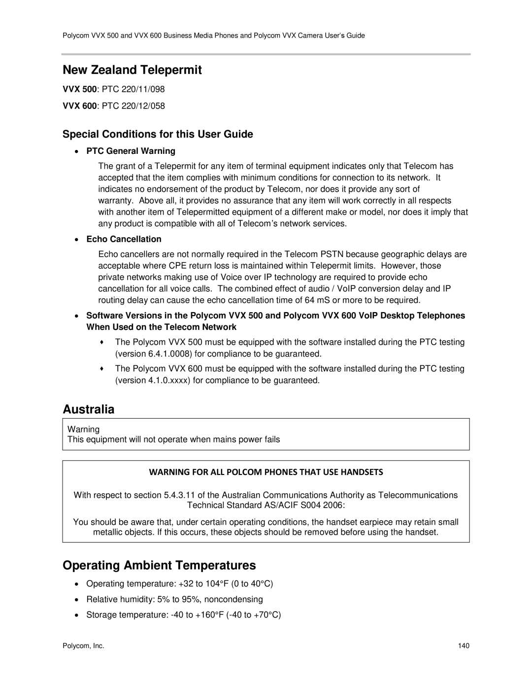 Polycom vvx 500 manual New Zealand Telepermit, Australia, Operating Ambient Temperatures, ∙ PTC General Warning 