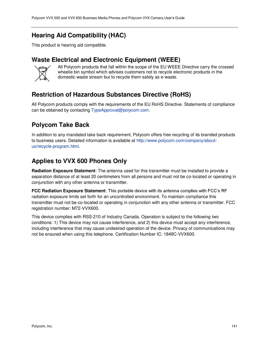 Polycom vvx 500 manual Hearing Aid Compatibility HAC, Waste Electrical and Electronic Equipment Weee 