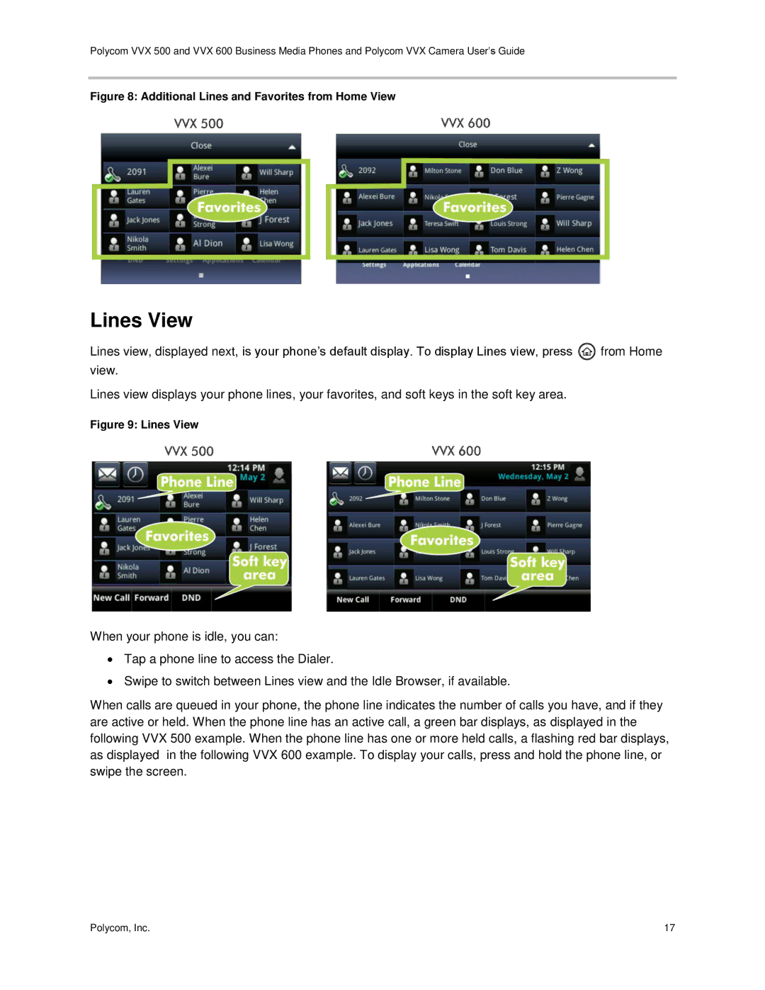 Polycom vvx 500 manual Lines View, Additional Lines and Favorites from Home View 