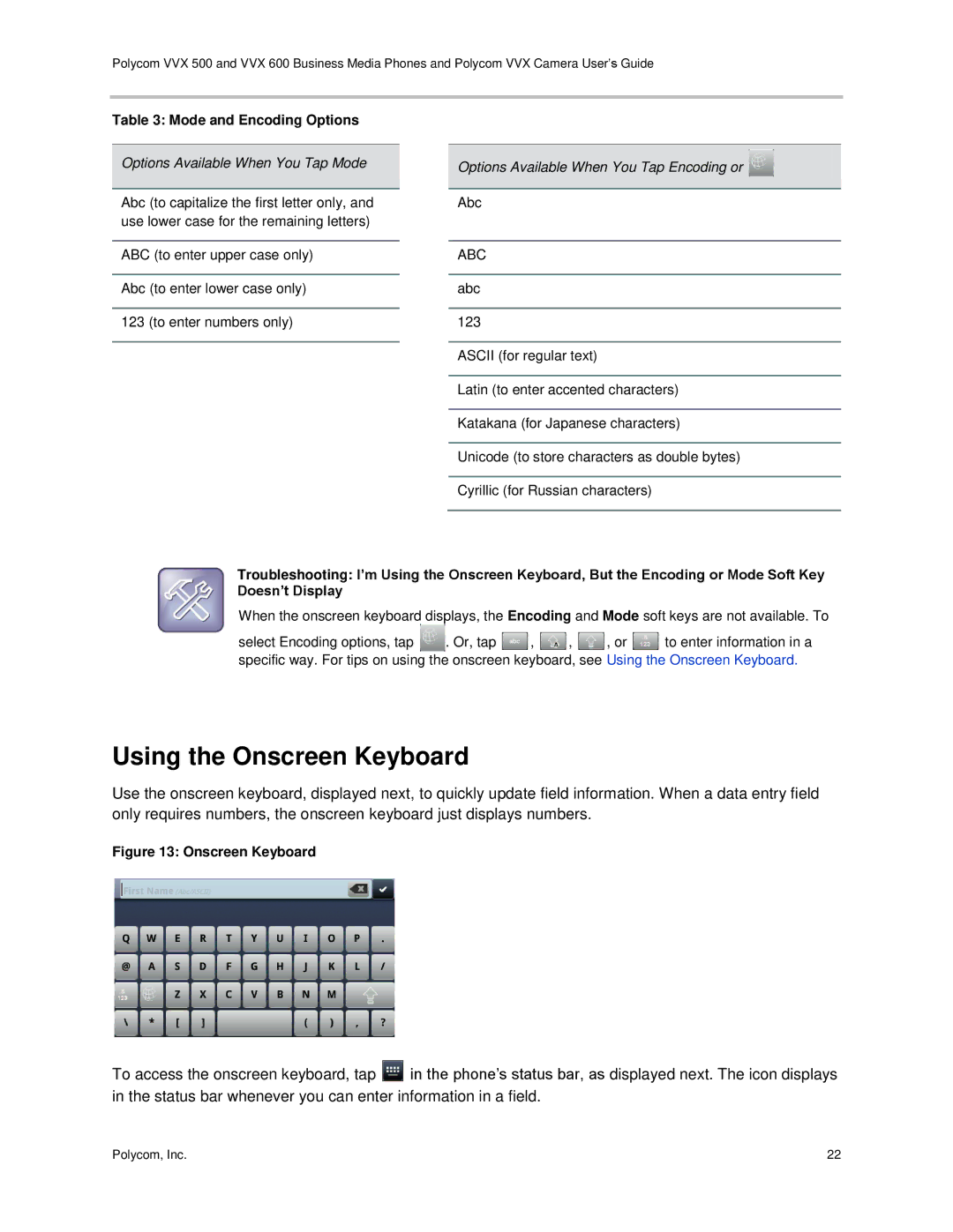 Polycom vvx 500 manual Using the Onscreen Keyboard, Mode and Encoding Options 