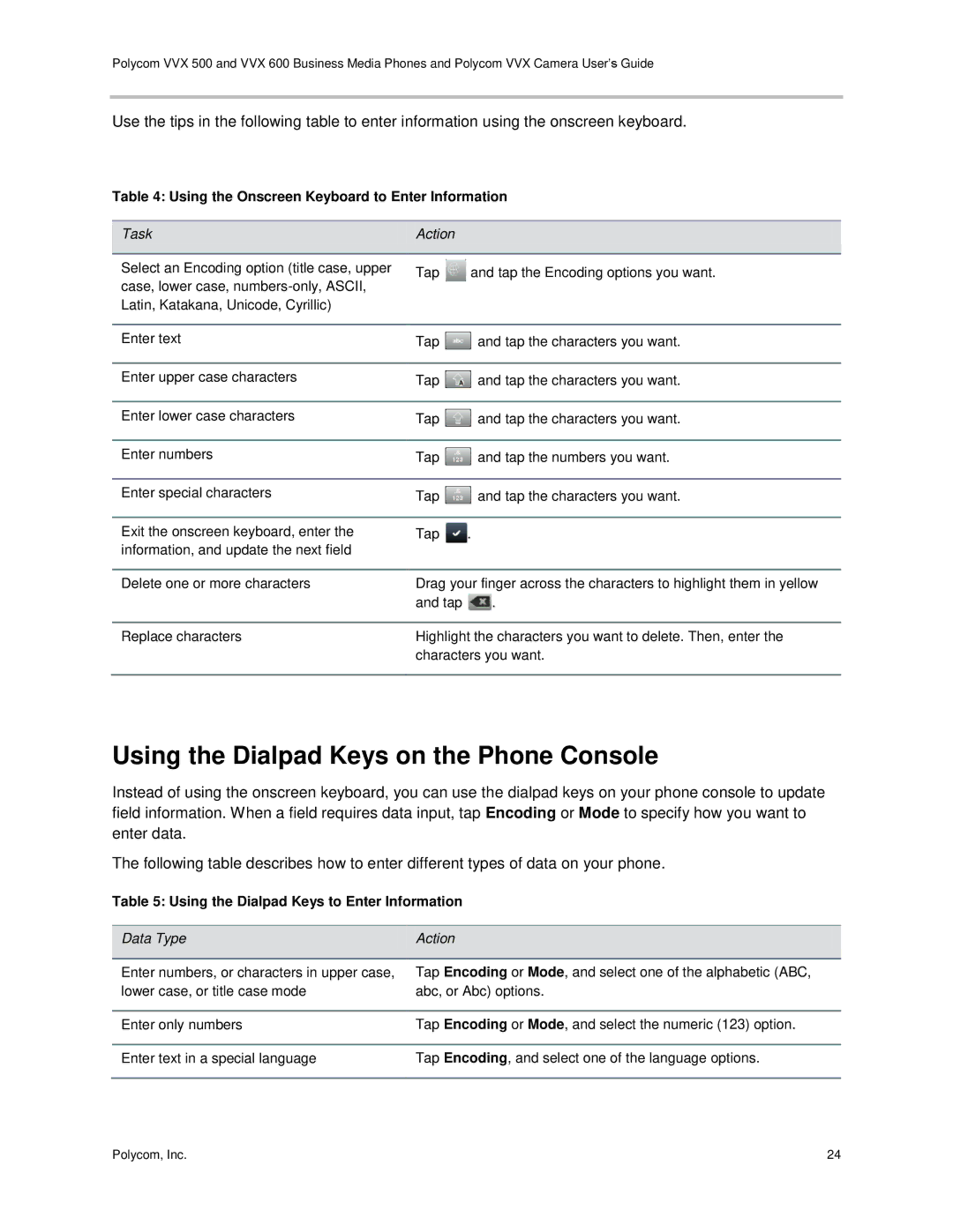 Polycom vvx 500 manual Using the Dialpad Keys on the Phone Console, Using the Onscreen Keyboard to Enter Information 