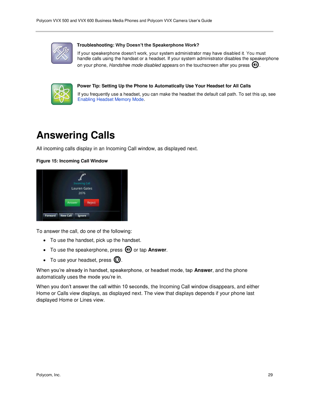 Polycom vvx 500 manual Answering Calls, Troubleshooting Why Doesn’t the Speakerphone Work? 