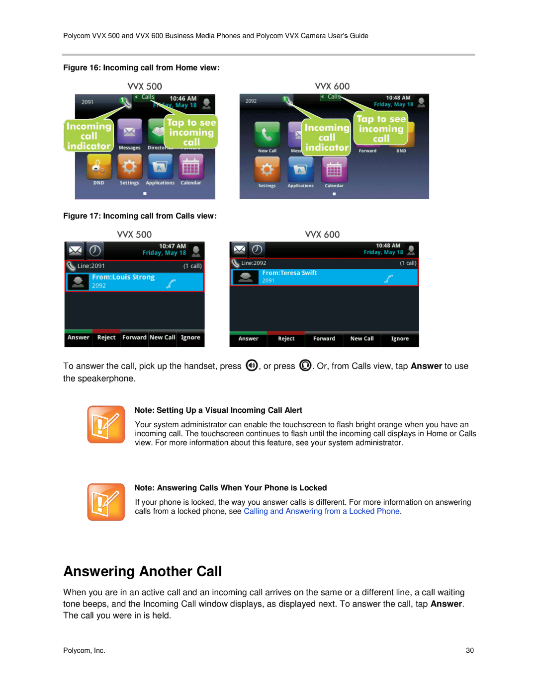 Polycom vvx 500 manual Answering Another Call, Incoming call from Home view 