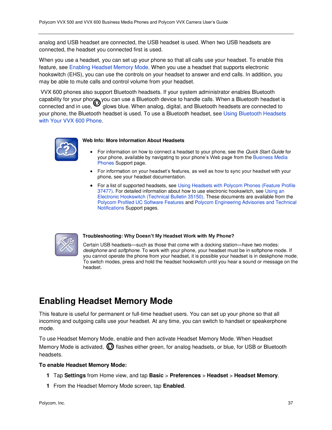 Polycom vvx 500 manual Enabling Headset Memory Mode, Web Info More Information About Headsets 