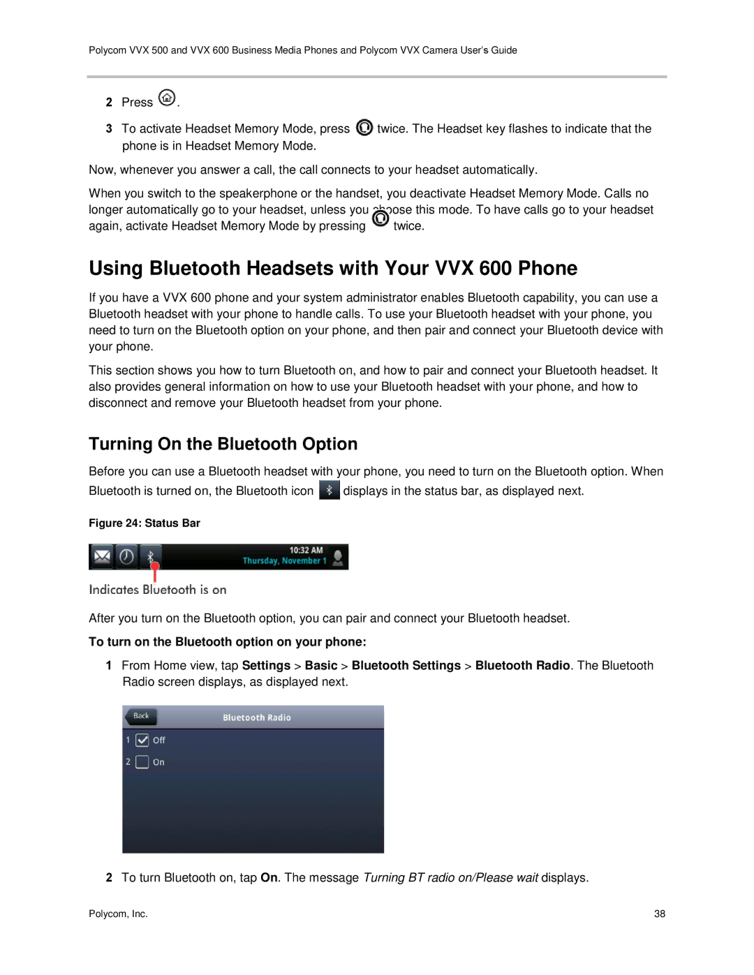 Polycom vvx 500 manual Using Bluetooth Headsets with Your VVX 600 Phone, Turning On the Bluetooth Option 