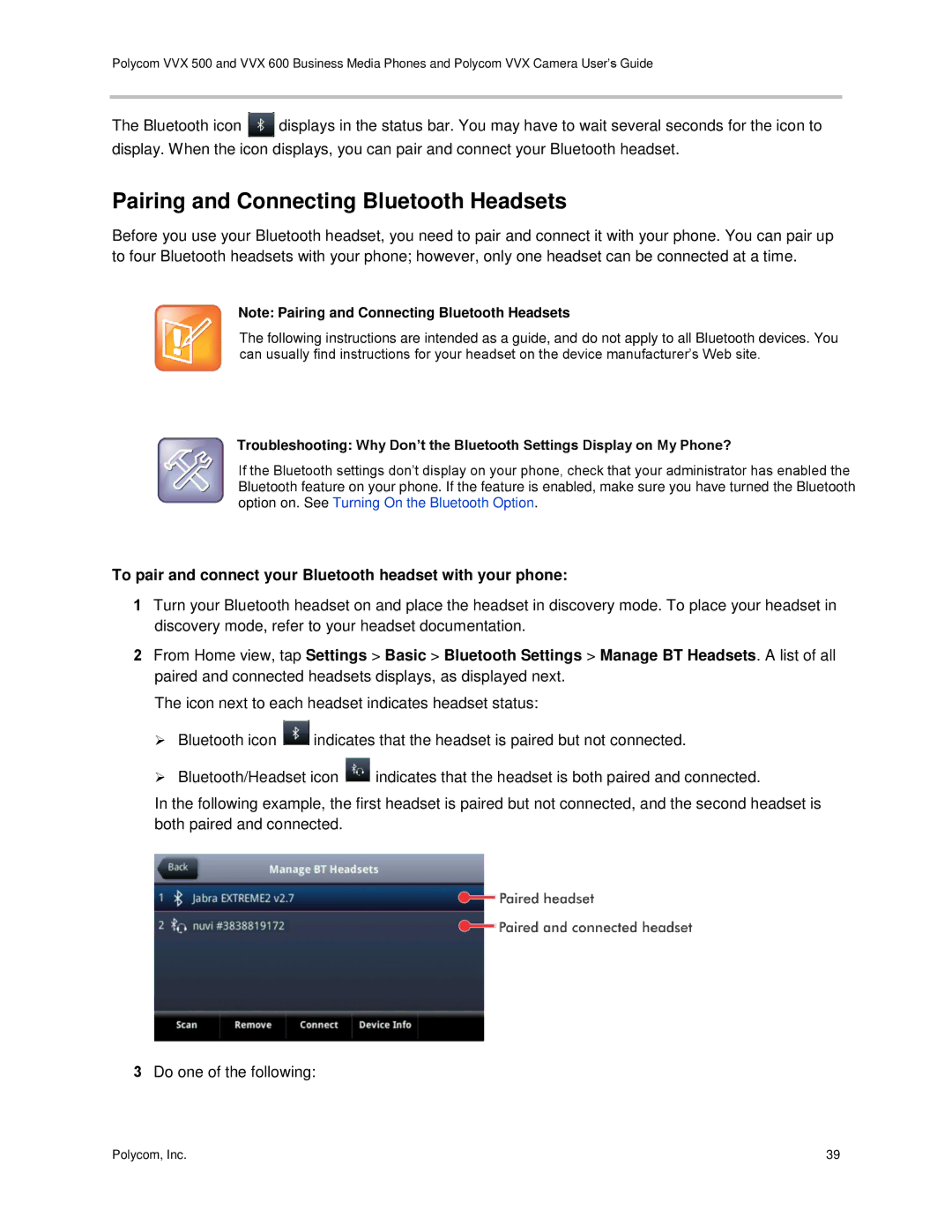 Polycom vvx 500 Pairing and Connecting Bluetooth Headsets, To pair and connect your Bluetooth headset with your phone 