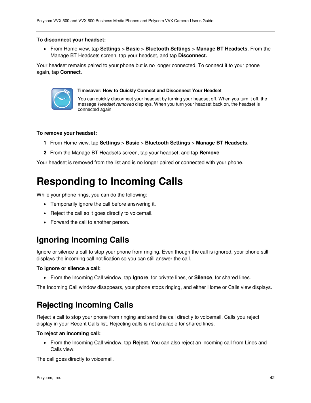 Polycom vvx 500 manual Responding to Incoming Calls, Ignoring Incoming Calls, Rejecting Incoming Calls 