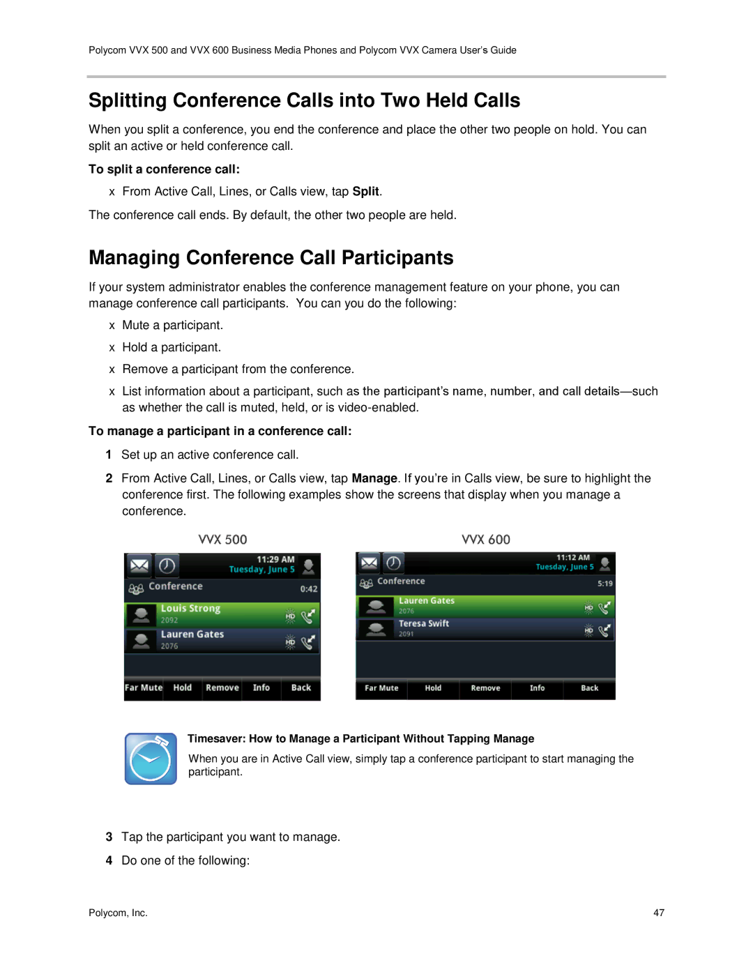 Polycom vvx 500 manual Splitting Conference Calls into Two Held Calls, Managing Conference Call Participants 