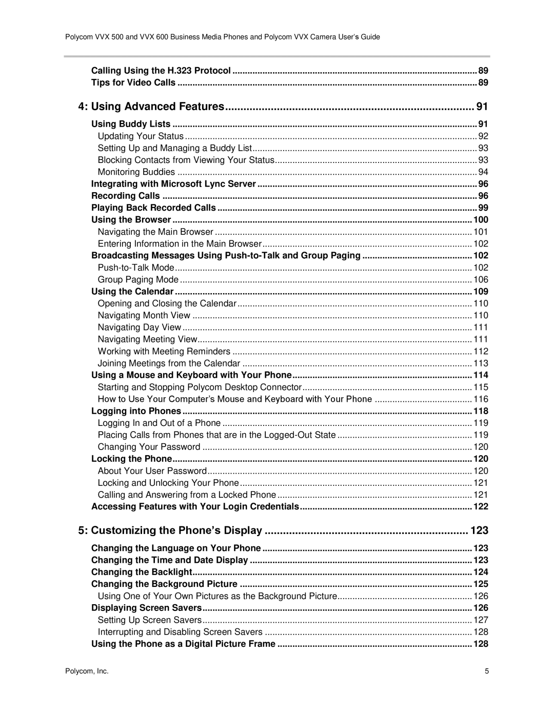 Polycom vvx 500 manual 100, 102, 109, 114, 118, 120, 122, 123, 124, 125, 126, 128 