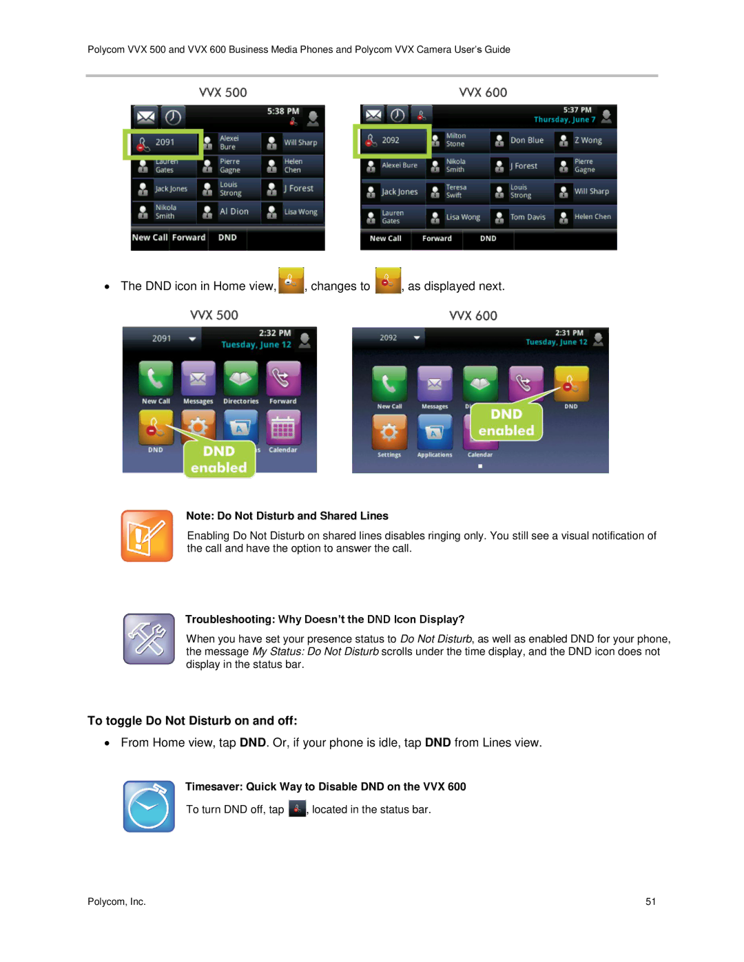 Polycom vvx 500 manual To toggle Do Not Disturb on and off, Troubleshooting Why Doesn’t the DND Icon Display? 