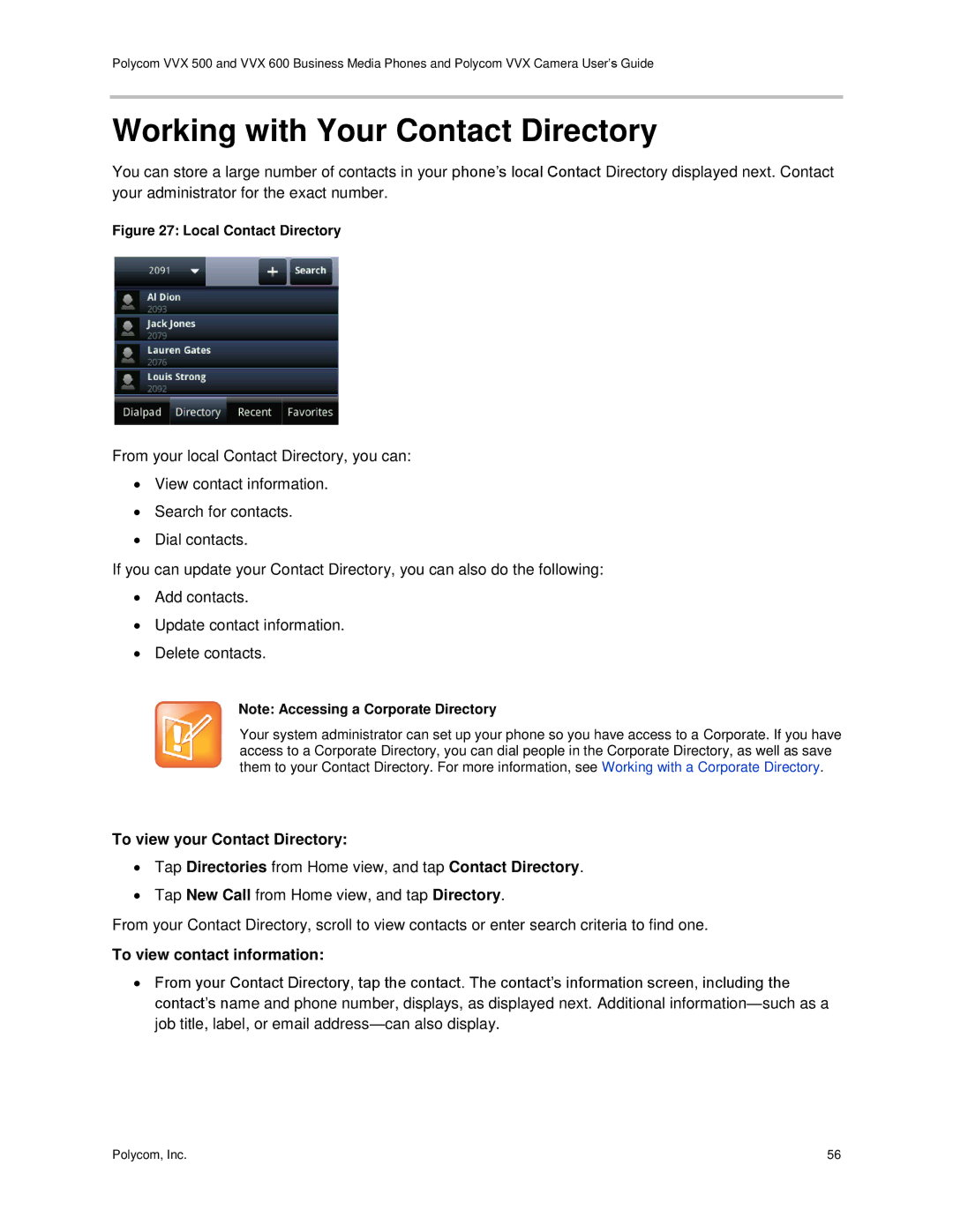 Polycom vvx 500 manual Working with Your Contact Directory, To view your Contact Directory, To view contact information 