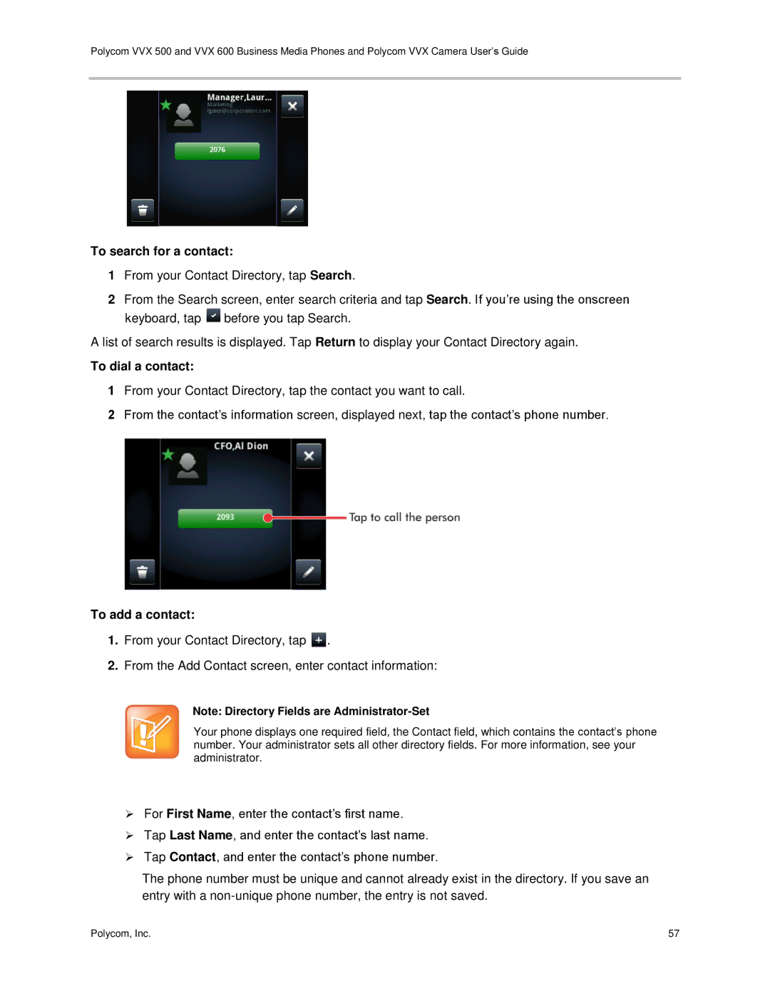 Polycom vvx 500 manual To search for a contact, To dial a contact, To add a contact 