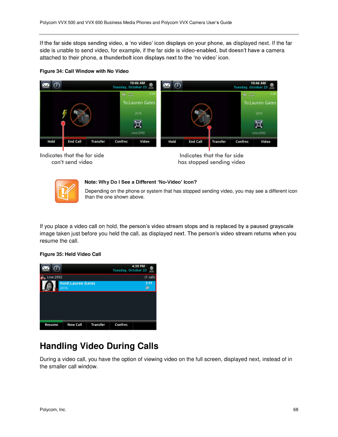 Polycom vvx 500 manual Handling Video During Calls, Call Window with No Video 
