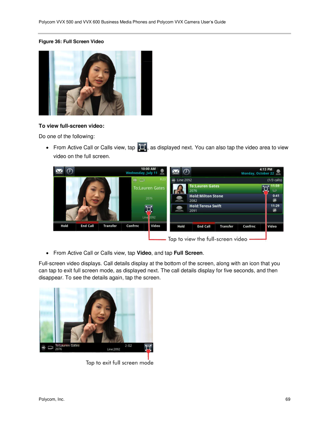 Polycom vvx 500 manual To view full-screen video, Full Screen Video 