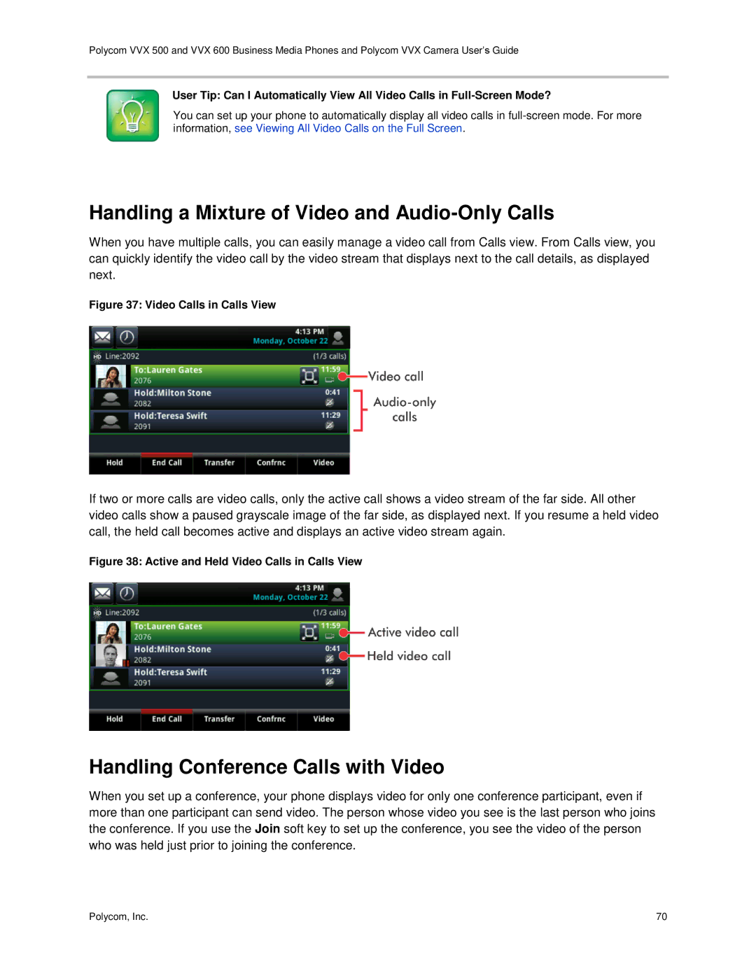 Polycom vvx 500 manual Handling a Mixture of Video and Audio-Only Calls, Handling Conference Calls with Video 