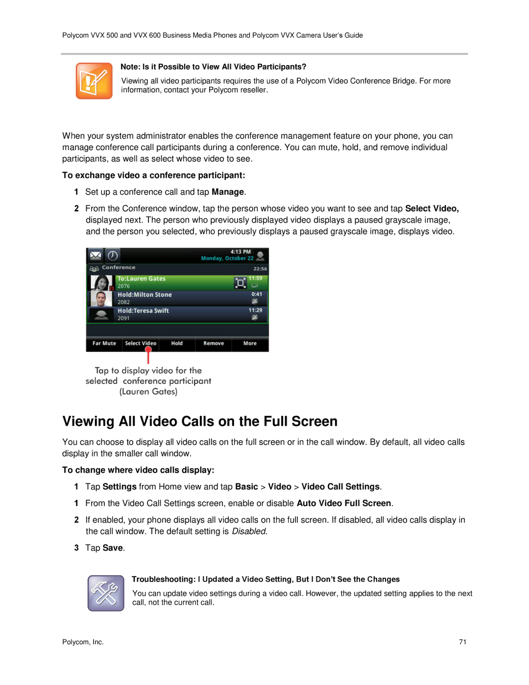 Polycom vvx 500 manual Viewing All Video Calls on the Full Screen, To exchange video a conference participant 