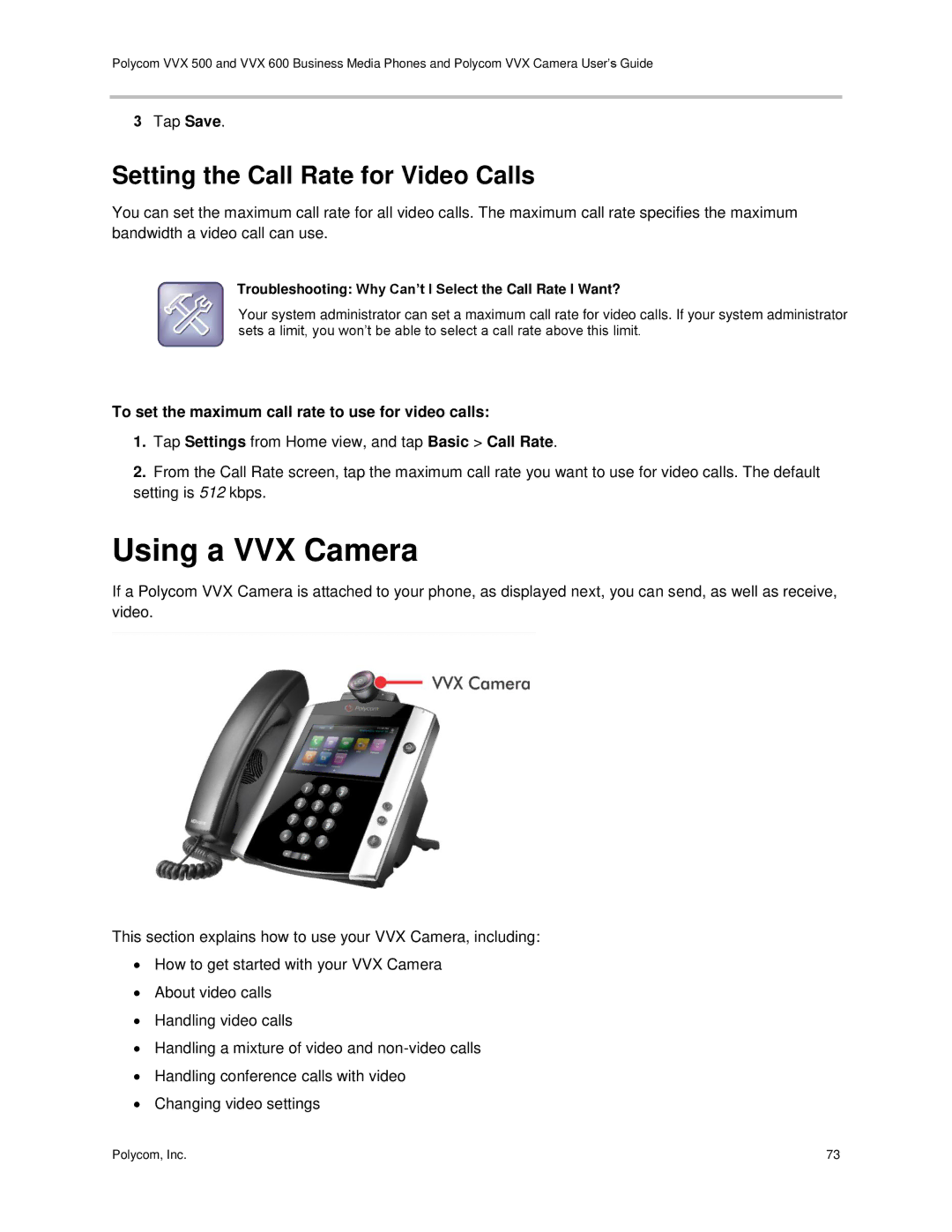 Polycom vvx 500 manual Using a VVX Camera, Setting the Call Rate for Video Calls 