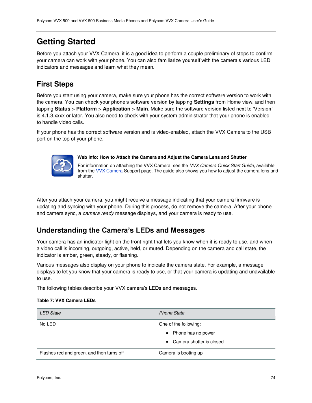 Polycom vvx 500 manual Getting Started, First Steps, Understanding the Camera’s LEDs and Messages, VVX Camera LEDs 