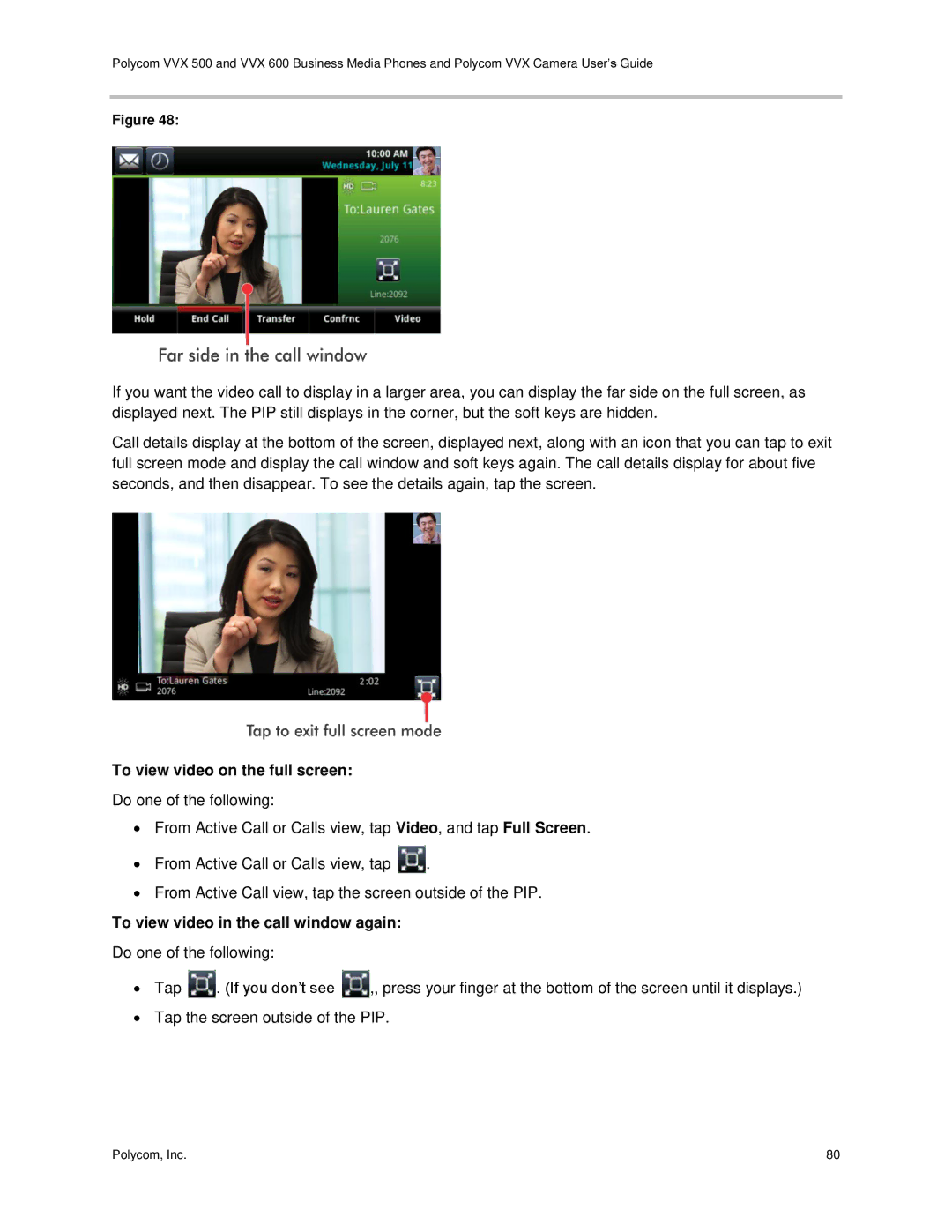 Polycom vvx 500 manual To view video on the full screen, To view video in the call window again 