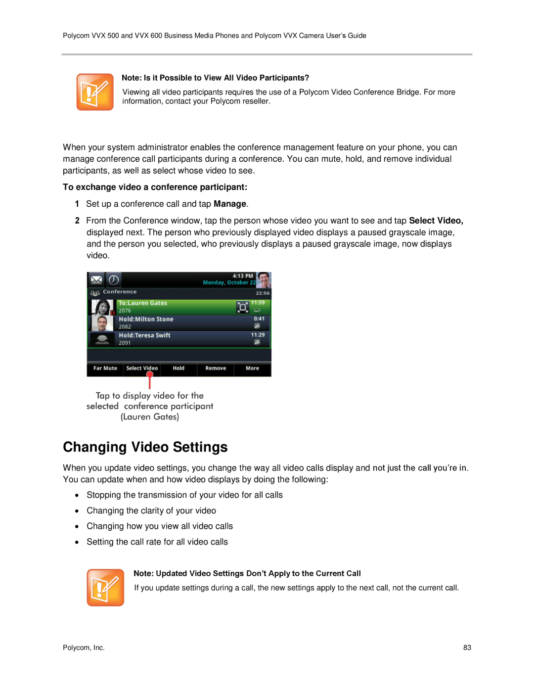 Polycom vvx 500 manual Changing Video Settings, To exchange video a conference participant 