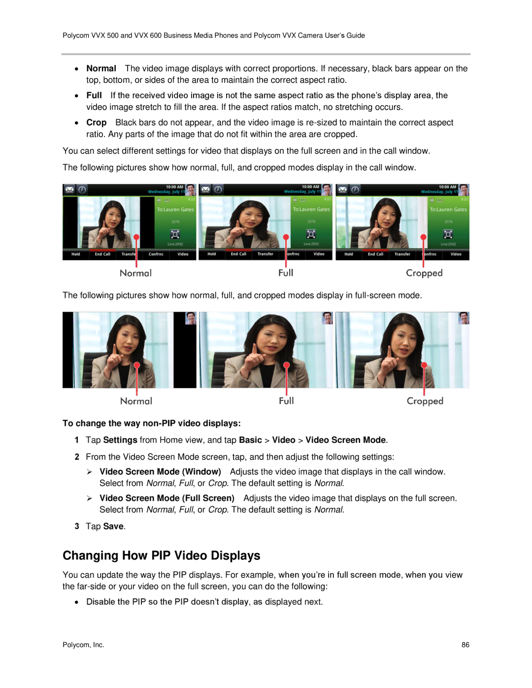 Polycom vvx 500 manual Changing How PIP Video Displays 