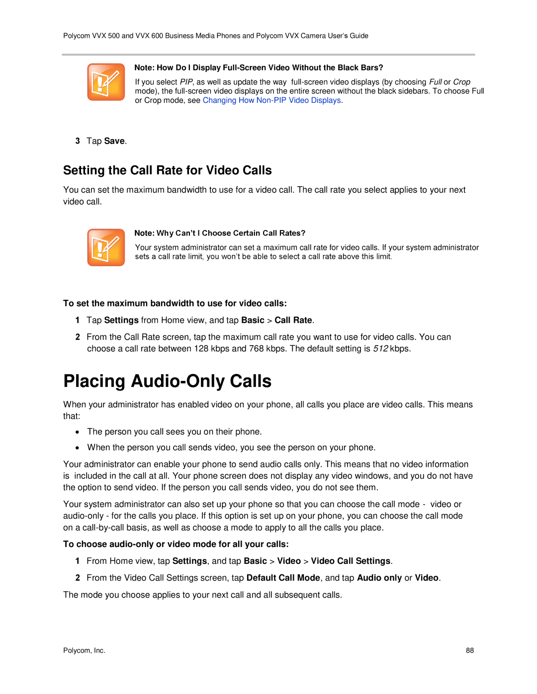 Polycom vvx 500 manual Placing Audio-Only Calls, Setting the Call Rate for Video Calls 