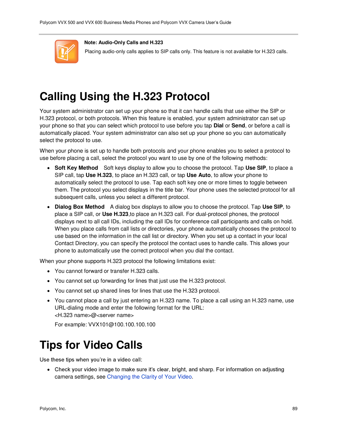 Polycom vvx 500 manual Calling Using the H.323 Protocol, Tips for Video Calls 