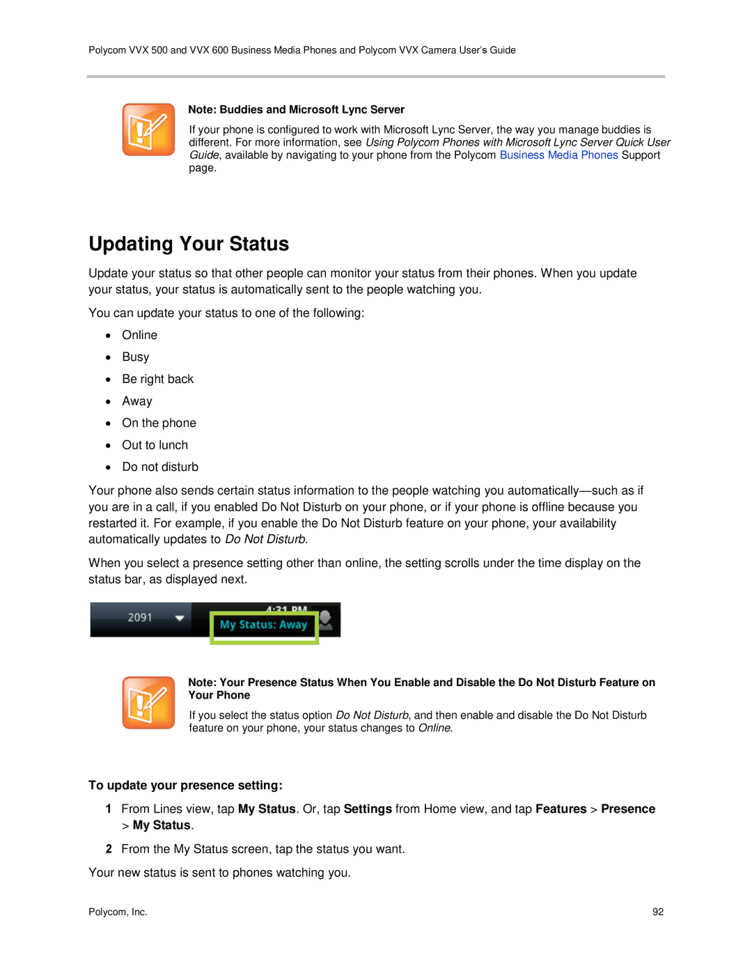 Polycom vvx 500 manual Updating Your Status, To update your presence setting, My Status 