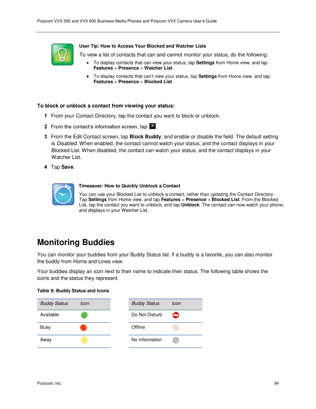 Polycom vvx 500 manual Monitoring Buddies, To block or unblock a contact from viewing your status, Buddy Status and Icons 