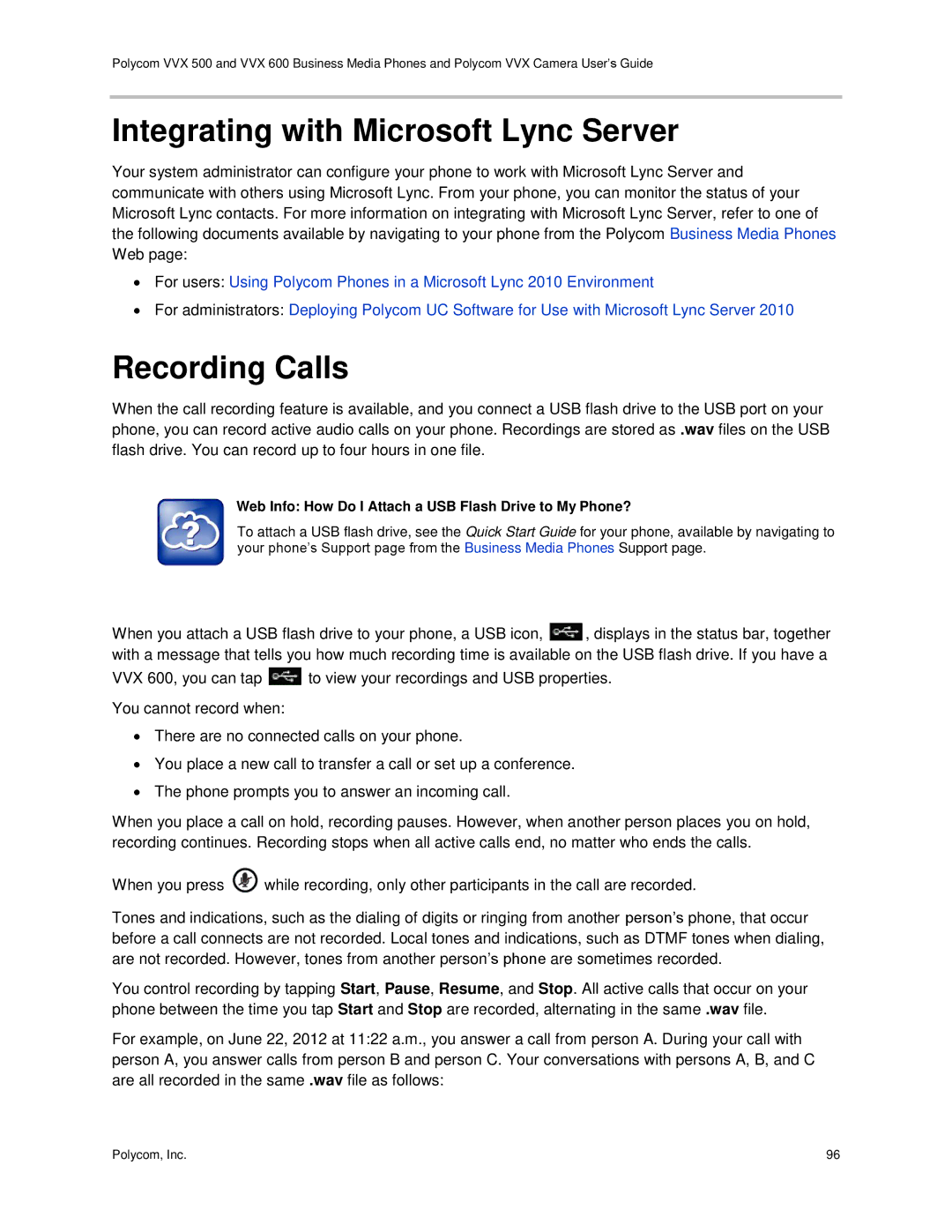 Polycom vvx 500 manual Integrating with Microsoft Lync Server, Recording Calls 