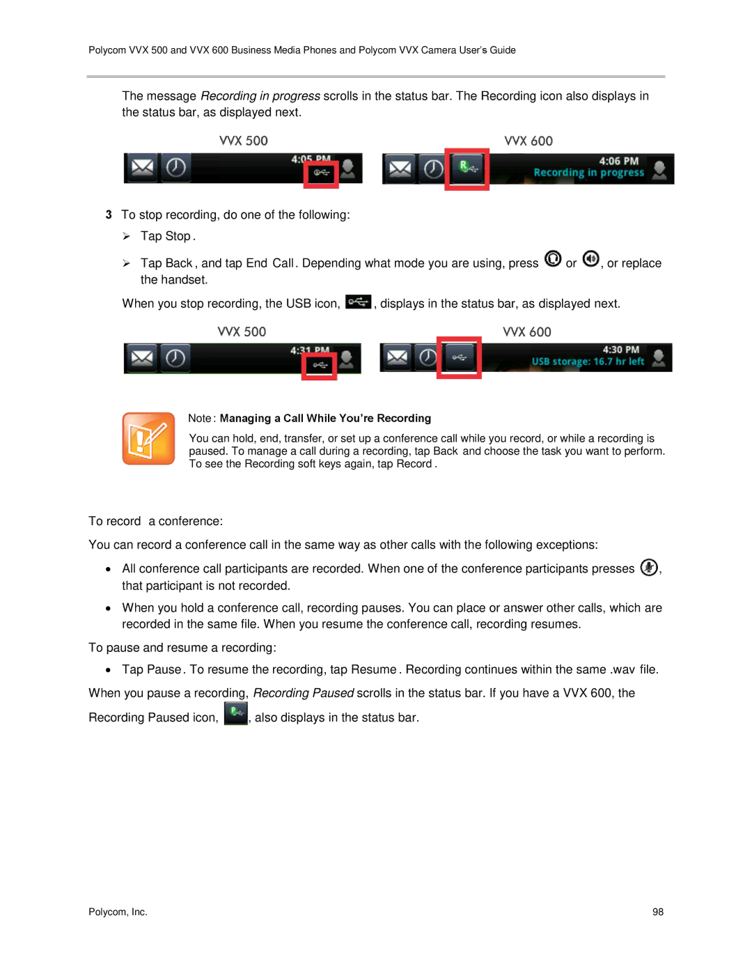 Polycom vvx 500 manual To record a conference, To pause and resume a recording 