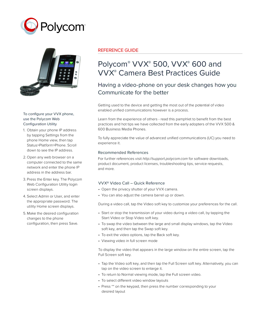 Polycom VVX 600 manual Recommended References VVX Video Call Quick Reference 