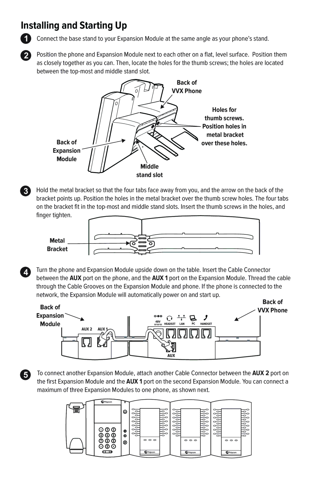 Polycom quick start Installing and Starting Up, Metal Bracket, Back Expansion Module, Back VVX Phone 