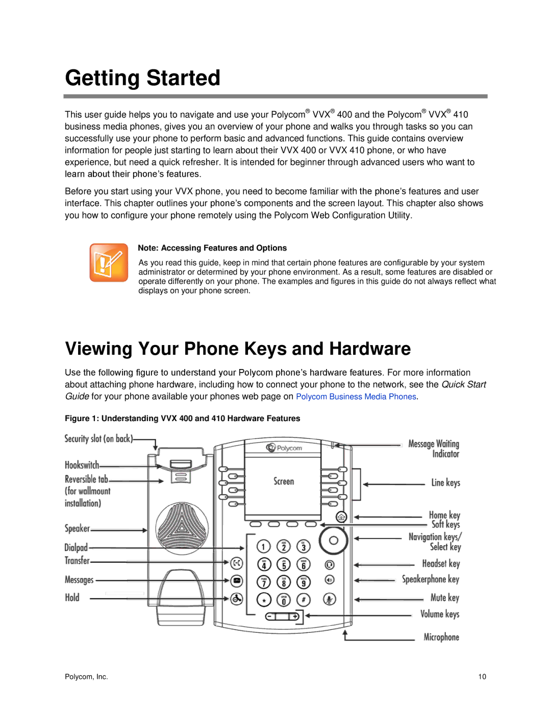 Polycom VVX400 manual Getting Started, Viewing Your Phone Keys and Hardware 