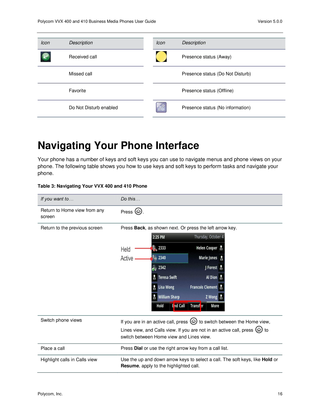 Polycom VVX400 manual Navigating Your Phone Interface, Navigating Your VVX 400 and 410 Phone 